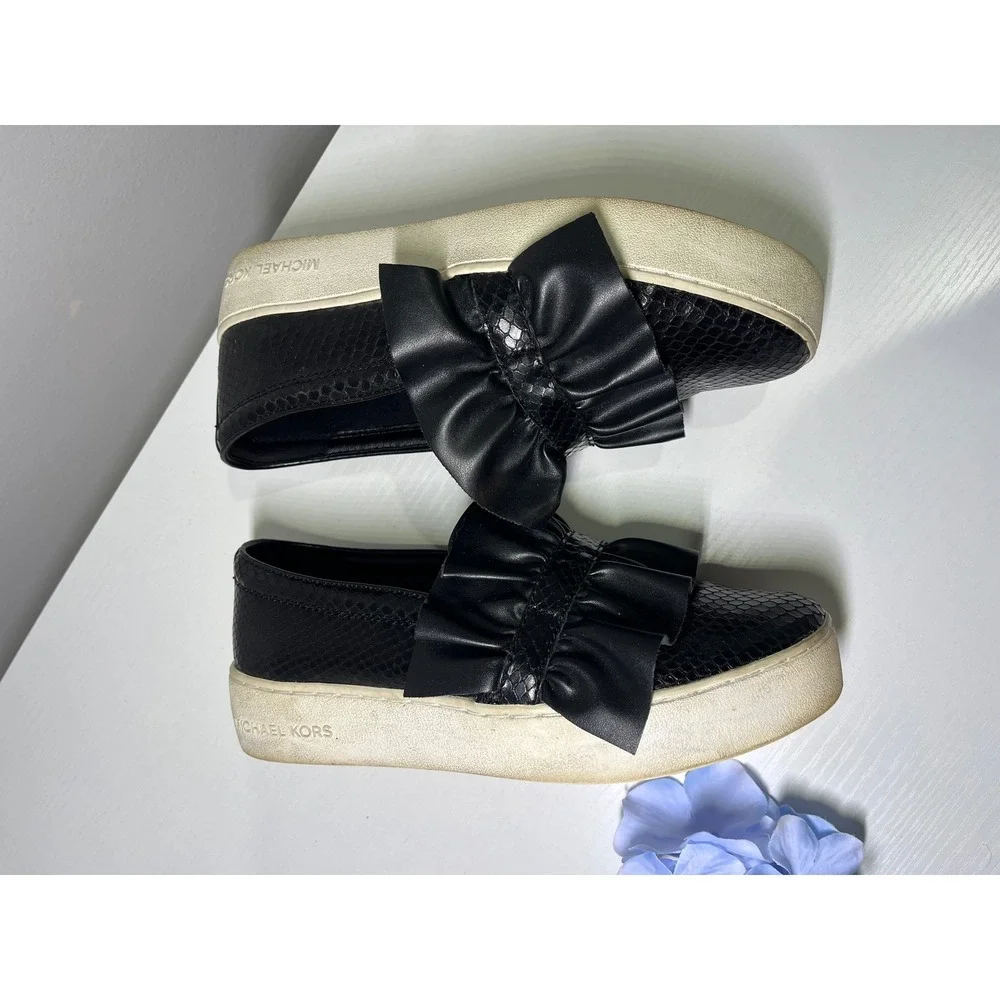 Michael Kors Bella‎ Ruffled Snake Embossed Leather Platform Slip On Sneakers 6M